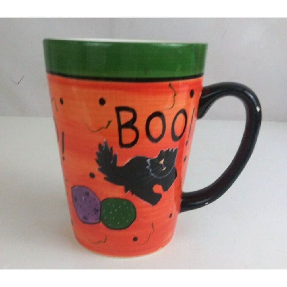 WCL Halloween Large 6" Tall Coffee Cup Mug With Black Cats & Boo! Designs